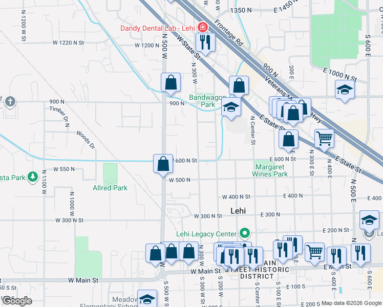 map of restaurants, bars, coffee shops, grocery stores, and more near 354 West 600 North Street in Lehi