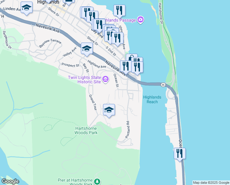 map of restaurants, bars, coffee shops, grocery stores, and more near 4 Twinlights Court in Highlands