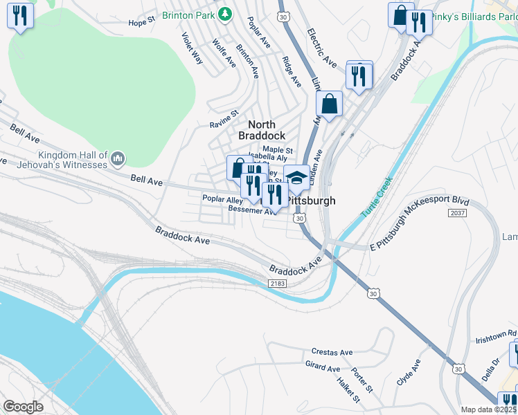 map of restaurants, bars, coffee shops, grocery stores, and more near 526 Bessemer Avenue in East Pittsburgh
