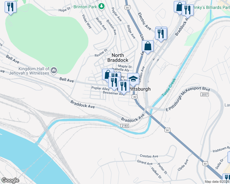 map of restaurants, bars, coffee shops, grocery stores, and more near 412 Bessemer Avenue in East Pittsburgh