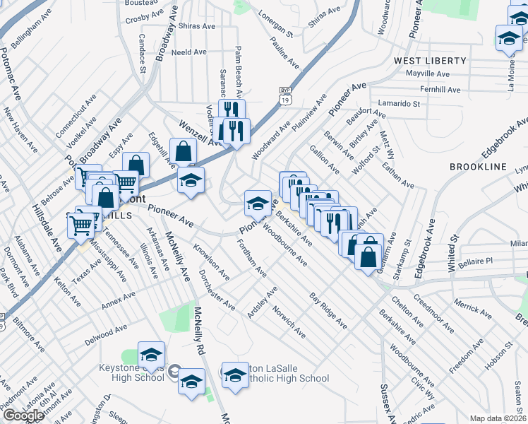 map of restaurants, bars, coffee shops, grocery stores, and more near 2652 Pioneer Avenue in Pittsburgh