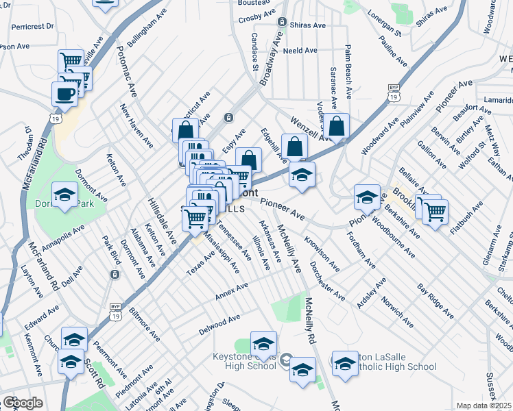 map of restaurants, bars, coffee shops, grocery stores, and more near 1363 Arkansas Avenue in Pittsburgh