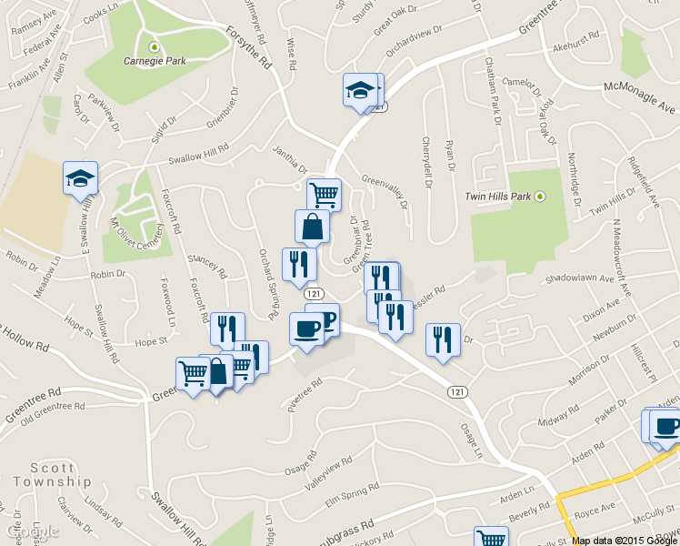 map of restaurants, bars, coffee shops, grocery stores, and more near 1899 Greentree Road in Pittsburgh