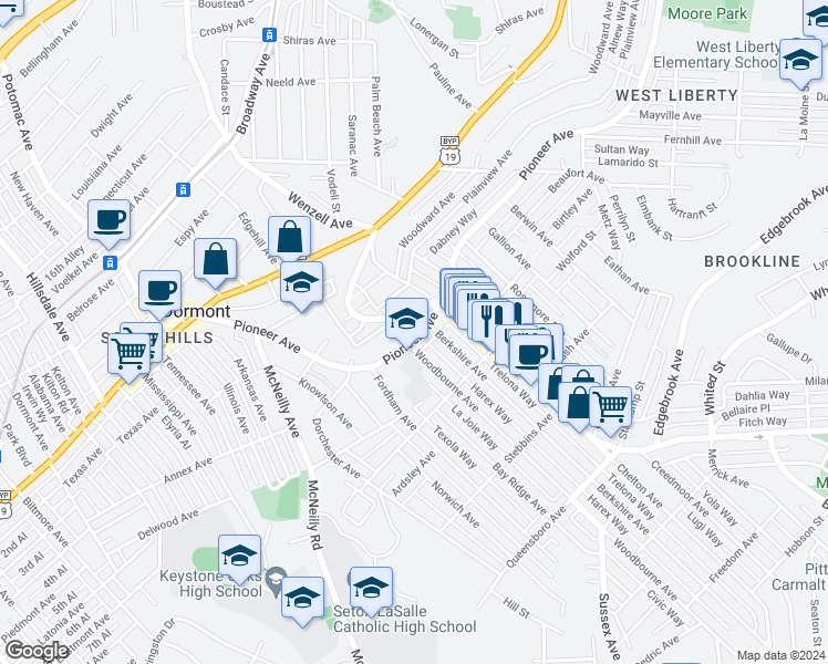 map of restaurants, bars, coffee shops, grocery stores, and more near 2640 Pioneer Avenue in Pittsburgh