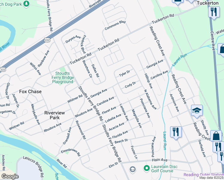 map of restaurants, bars, coffee shops, grocery stores, and more near 722 Georgia Avenue in Reading