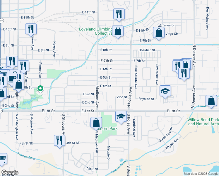 map of restaurants, bars, coffee shops, grocery stores, and more near 1402 East 4th Street in Loveland