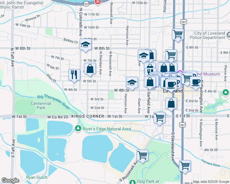 map of restaurants, bars, coffee shops, grocery stores, and more near 460 West 4th Street in Loveland