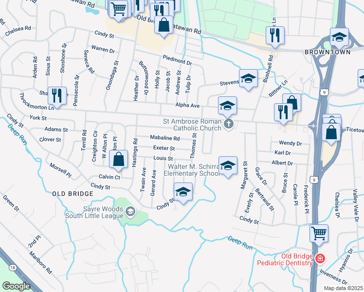 map of restaurants, bars, coffee shops, grocery stores, and more near 13 Exeter Street in Old Bridge