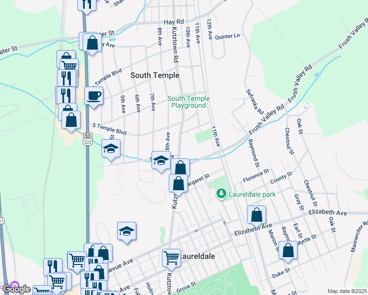 map of restaurants, bars, coffee shops, grocery stores, and more near 4001 Kutztown Road in Temple