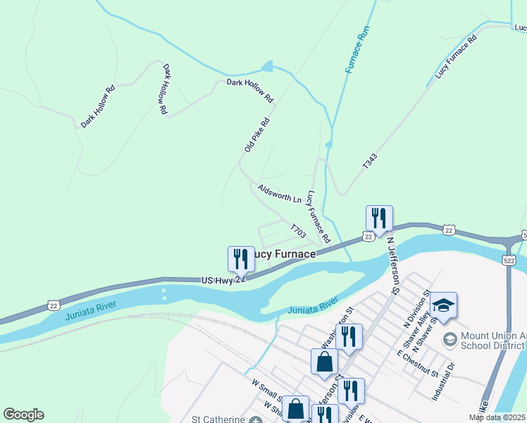 map of restaurants, bars, coffee shops, grocery stores, and more near 59 Pin Oak Lane in Mount Union