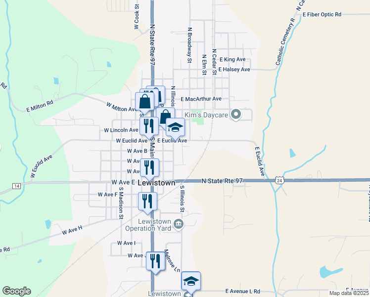 map of restaurants, bars, coffee shops, grocery stores, and more near 609 South Illinois Street in Lewistown