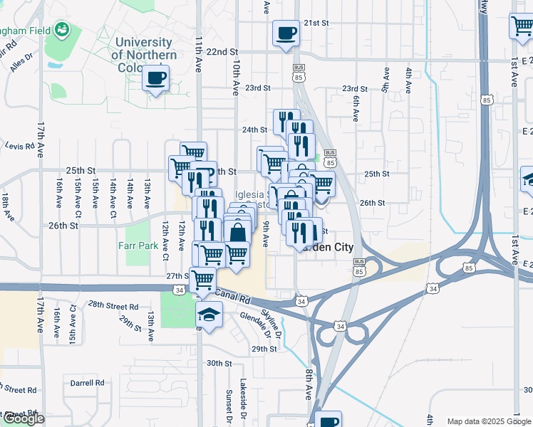 map of restaurants, bars, coffee shops, grocery stores, and more near 2600 9th Avenue in Garden City