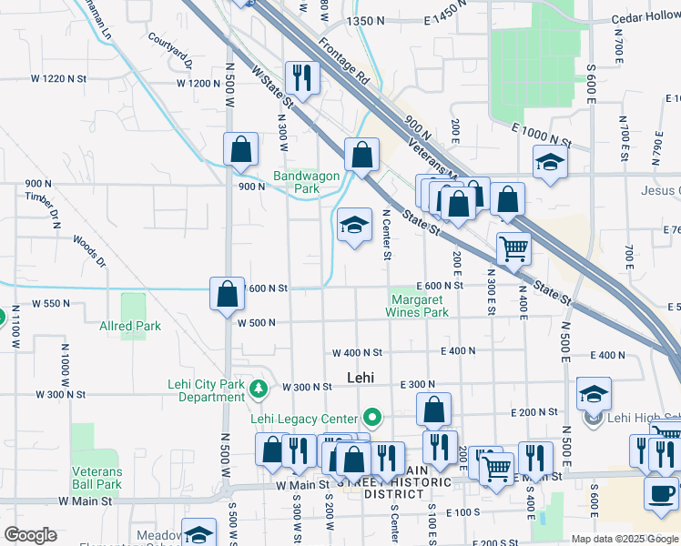 map of restaurants, bars, coffee shops, grocery stores, and more near 168 West 600 North Street in Lehi
