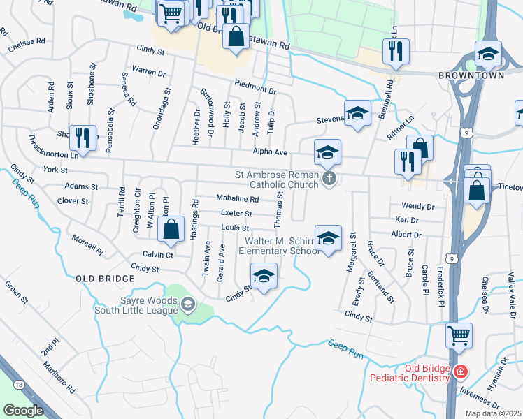map of restaurants, bars, coffee shops, grocery stores, and more near 13 Exeter Street in Old Bridge