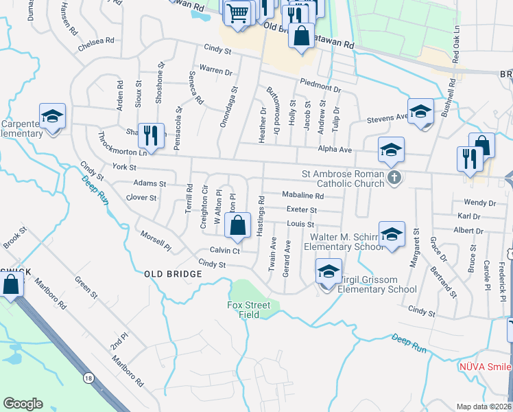 map of restaurants, bars, coffee shops, grocery stores, and more near 37 Exeter Street in Old Bridge