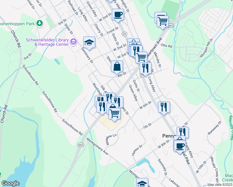 map of restaurants, bars, coffee shops, grocery stores, and more near 290 Pottstown Avenue in Pennsburg