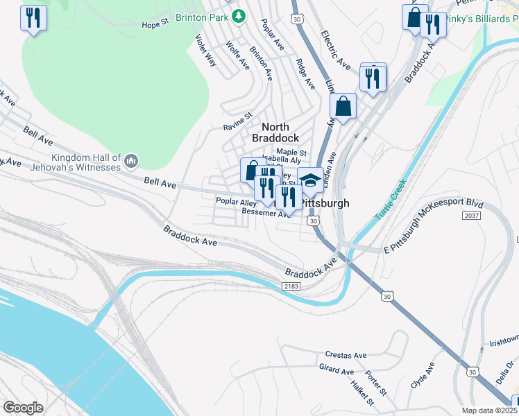 map of restaurants, bars, coffee shops, grocery stores, and more near 412 Bessemer Avenue in East Pittsburgh