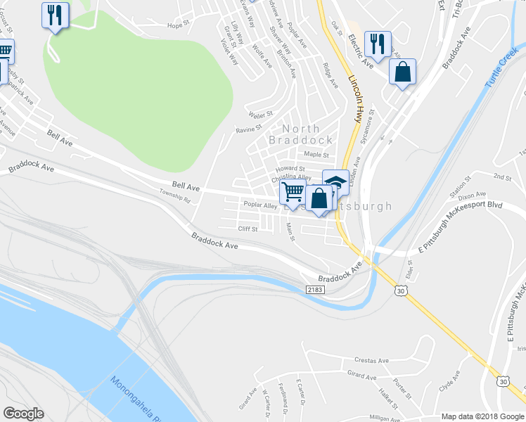 map of restaurants, bars, coffee shops, grocery stores, and more near 413 Western Avenue in East Pittsburgh