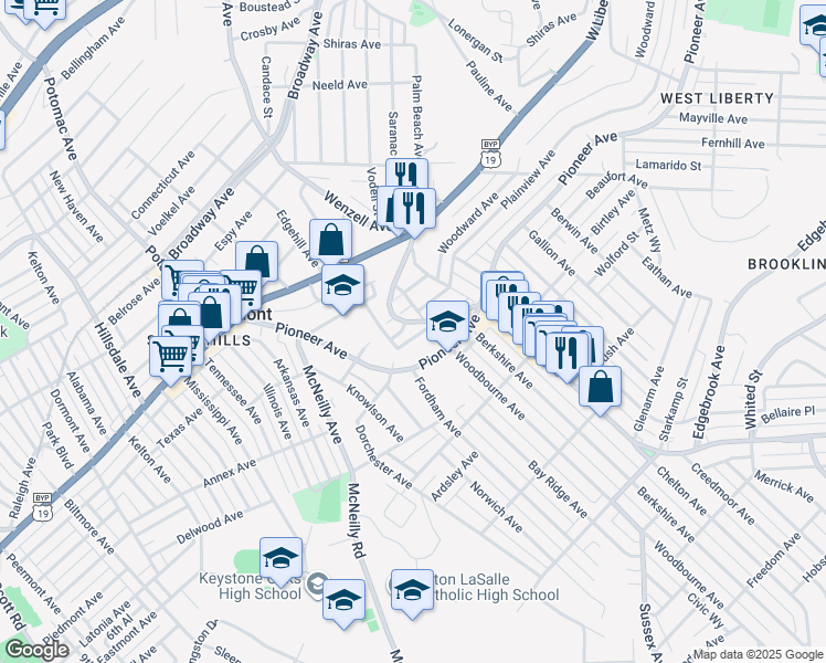 map of restaurants, bars, coffee shops, grocery stores, and more near 2831 Shawhan Avenue in Pittsburgh