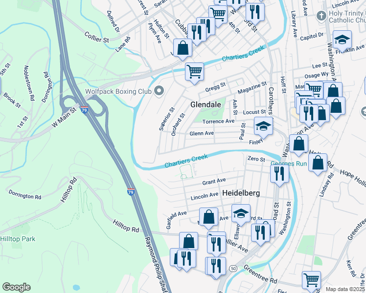 map of restaurants, bars, coffee shops, grocery stores, and more near 447 Finley Avenue in Carnegie
