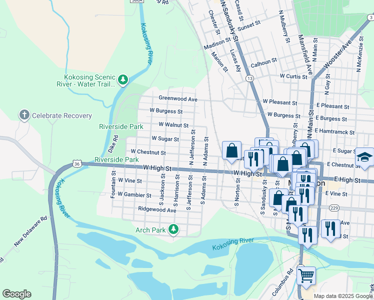 map of restaurants, bars, coffee shops, grocery stores, and more near 802 1/2 West Chestnut Street in Mount Vernon