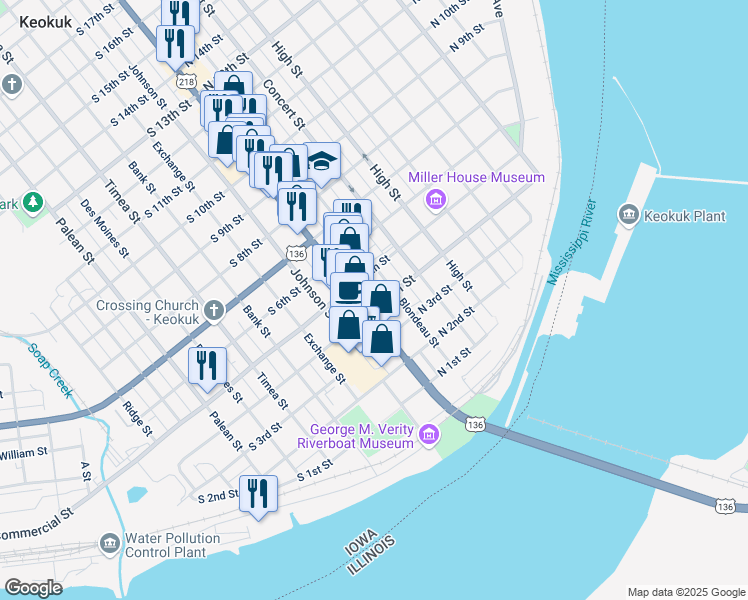 map of restaurants, bars, coffee shops, grocery stores, and more near 406 Main Street in Keokuk
