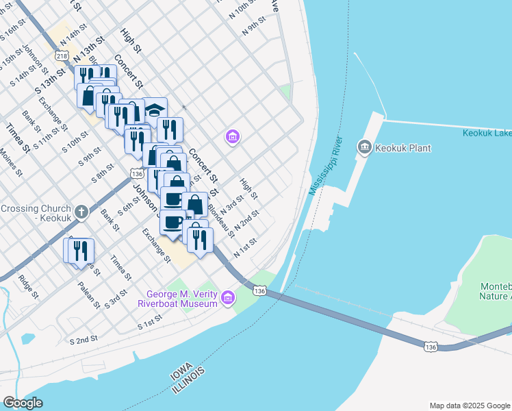 map of restaurants, bars, coffee shops, grocery stores, and more near 206 High Street in Keokuk