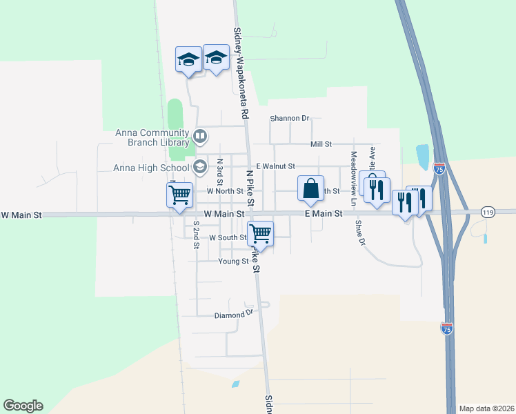 map of restaurants, bars, coffee shops, grocery stores, and more near in Anna