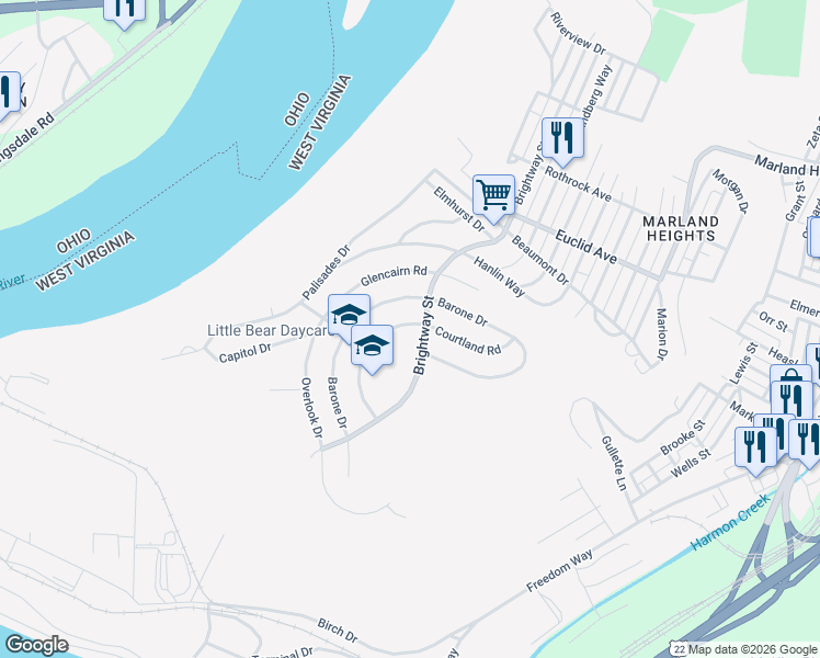 map of restaurants, bars, coffee shops, grocery stores, and more near 1210 Courtland Road in Weirton
