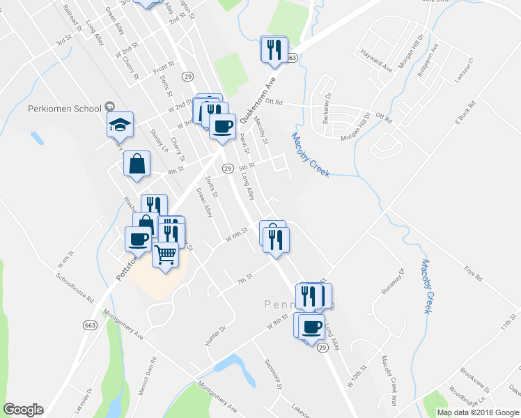 map of restaurants, bars, coffee shops, grocery stores, and more near 577 Penn Street in Pennsburg