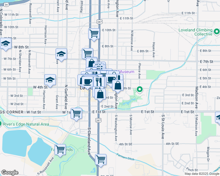 map of restaurants, bars, coffee shops, grocery stores, and more near 419 East 4th Street in Loveland