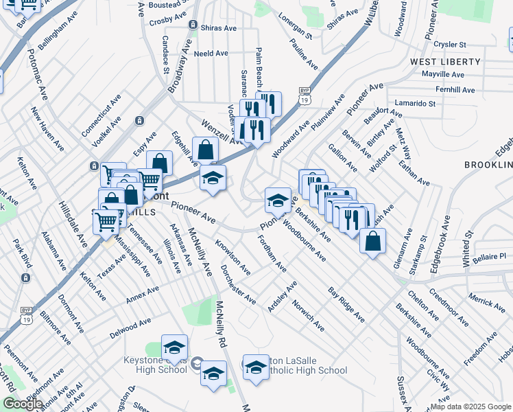 map of restaurants, bars, coffee shops, grocery stores, and more near 2831 Shawhan Avenue in Pittsburgh