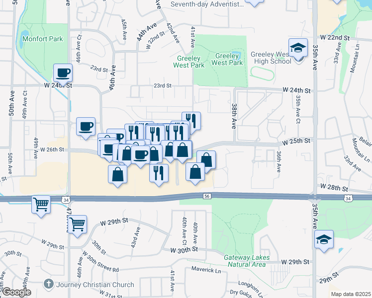 map of restaurants, bars, coffee shops, grocery stores, and more near 4214 Centerplace Drive in Greeley