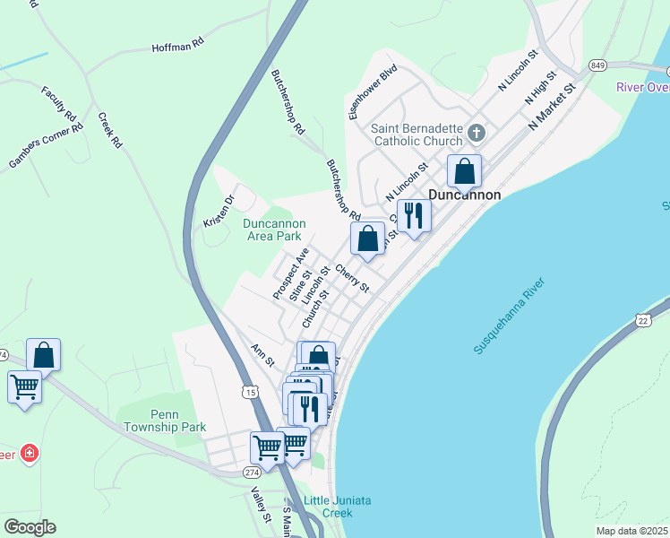 map of restaurants, bars, coffee shops, grocery stores, and more near 326 Lincoln Street in Duncannon