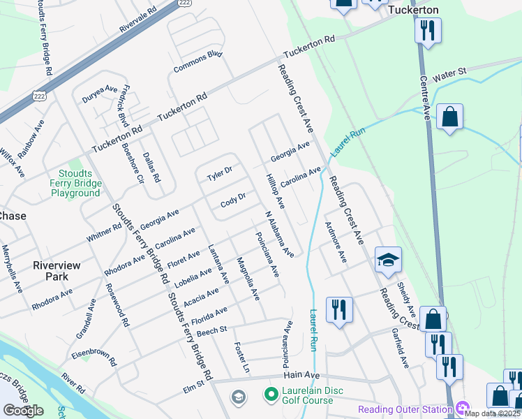 map of restaurants, bars, coffee shops, grocery stores, and more near 3957 North Alabama Avenue in Reading