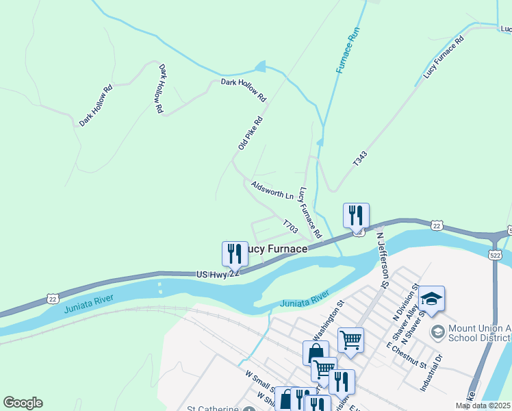 map of restaurants, bars, coffee shops, grocery stores, and more near 59 Pin Oak Lane in Mount Union