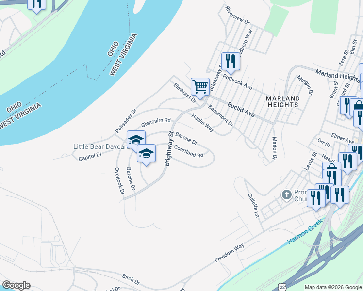 map of restaurants, bars, coffee shops, grocery stores, and more near 1126 Courtland Rd in Weirton