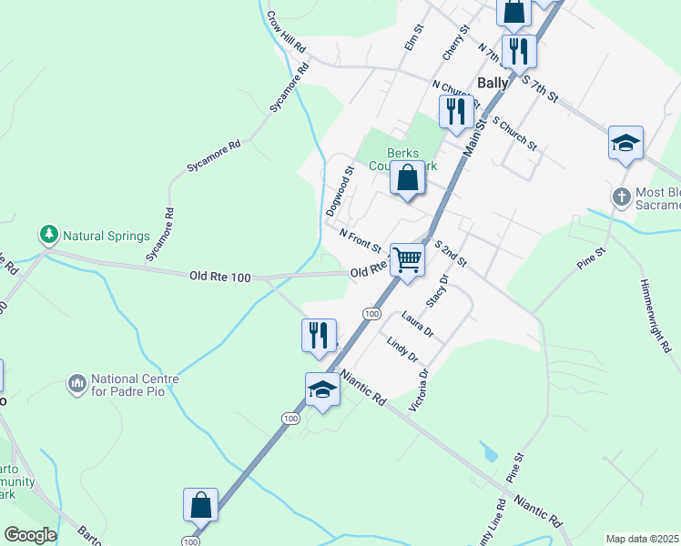map of restaurants, bars, coffee shops, grocery stores, and more near 2427 Old Route 100 in Barto
