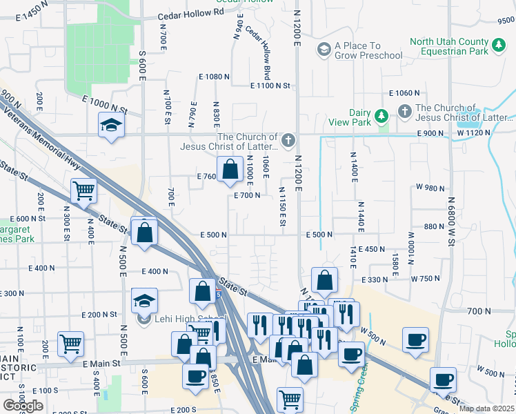 map of restaurants, bars, coffee shops, grocery stores, and more near 1115 East 500 North in Lehi