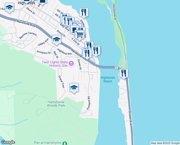 map of restaurants, bars, coffee shops, grocery stores, and more near 45 Portland Road in Highlands