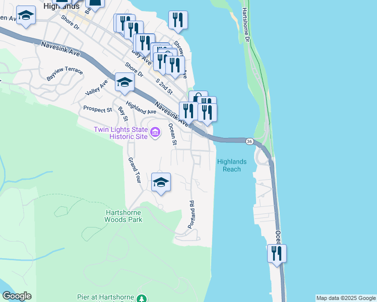 map of restaurants, bars, coffee shops, grocery stores, and more near 45 Portland Road in Highlands