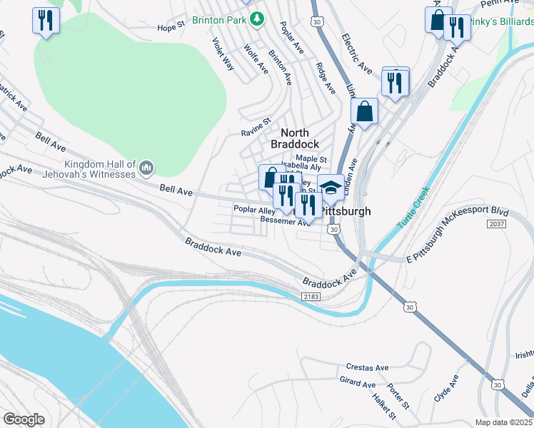map of restaurants, bars, coffee shops, grocery stores, and more near 412 Bessemer Avenue in East Pittsburgh