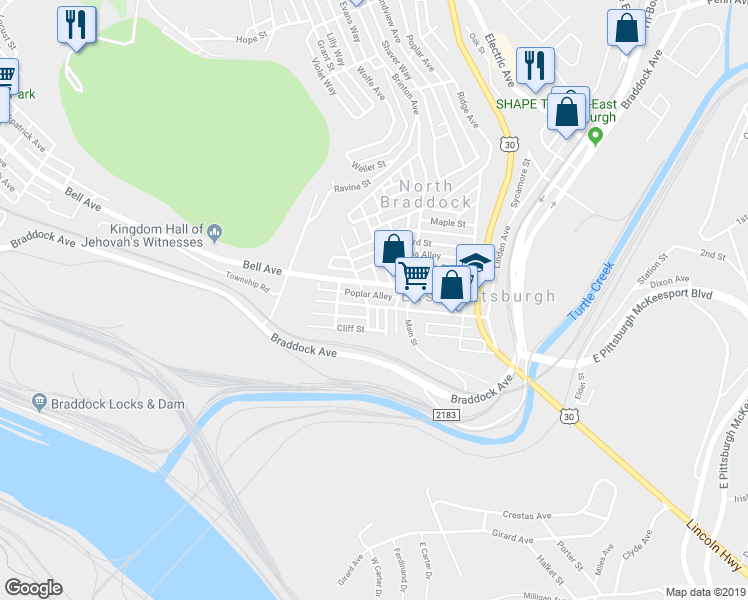 map of restaurants, bars, coffee shops, grocery stores, and more near 413 Western Avenue in East Pittsburgh