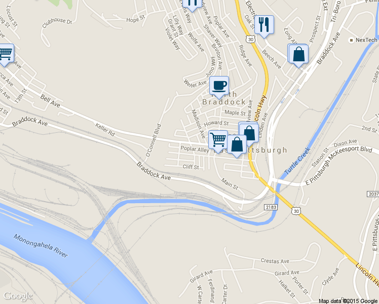 map of restaurants, bars, coffee shops, grocery stores, and more near 413 Western Avenue in East Pittsburgh
