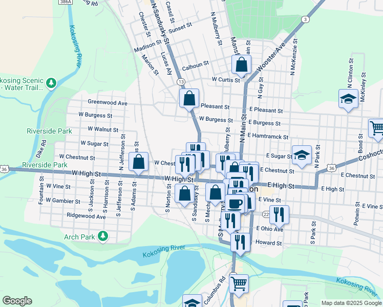 map of restaurants, bars, coffee shops, grocery stores, and more near 301-361 W Chestnut St in Mt Vernon