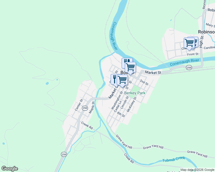 map of restaurants, bars, coffee shops, grocery stores, and more near 200 5th Street in Bolivar