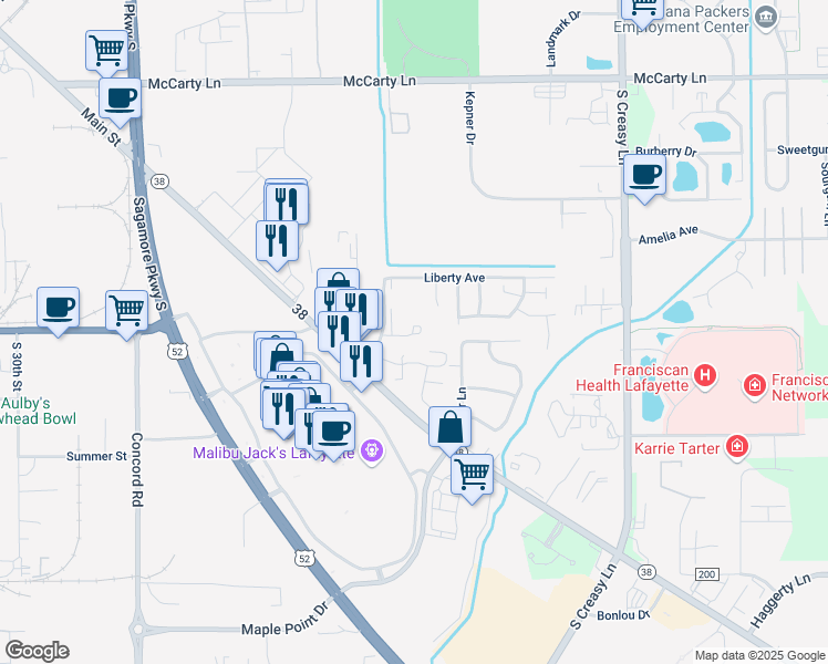 map of restaurants, bars, coffee shops, grocery stores, and more near 2511 Malden Road in Lafayette