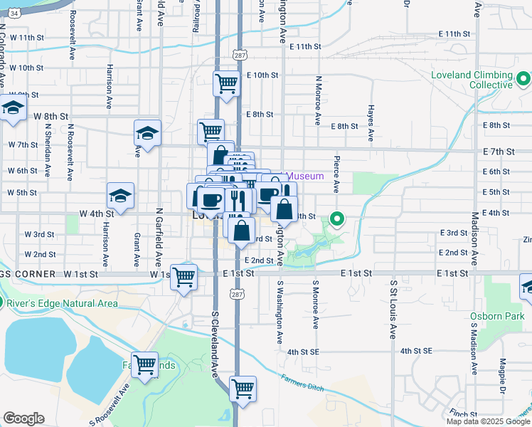 map of restaurants, bars, coffee shops, grocery stores, and more near 419 East 4th Street in Loveland