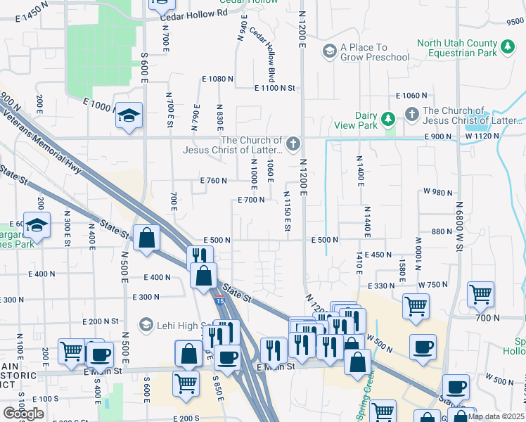 map of restaurants, bars, coffee shops, grocery stores, and more near 1115 East 500 North in Lehi