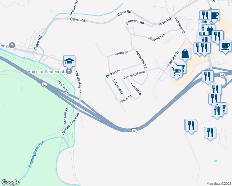 map of restaurants, bars, coffee shops, grocery stores, and more near 233-243 Beacon Drive in Weirton